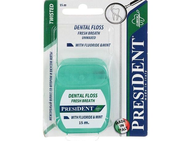 Зубная нить Президент вощеная мята-фтор 15м (133), фото 