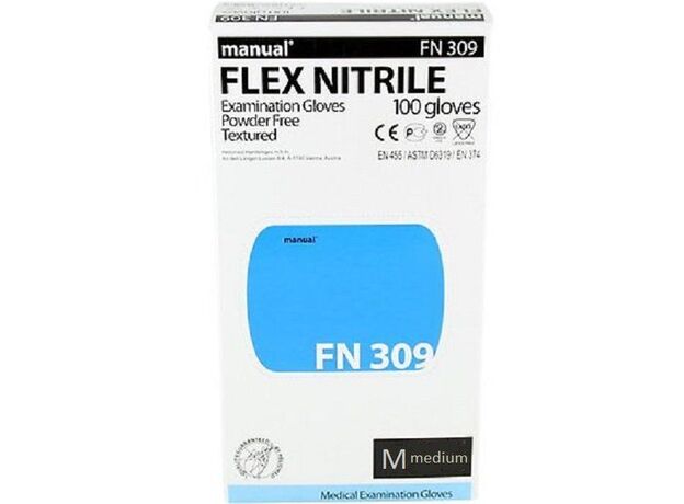 Перчатки смотровые нитрил н/стер Мануал FN 309 М (7-8) N100 (н/опудр микротекстурир синие), фото 