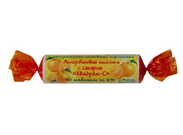 Аскорбиновая к-та с сахаром и натуральными плодовыми порошками таб №10 Квадрат-С апельсин крутка, фото 