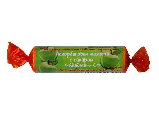 Аскорбиновая к-та с сахаром и  натуральными плодовыми порошками таб №10 Квадрат-С яблоко крутка, фото 